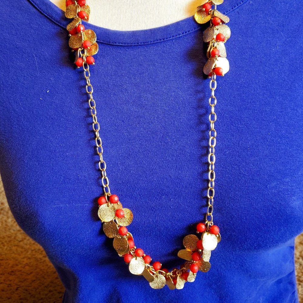28" Long Gold Tone Disc and Bead Cluster Necklace